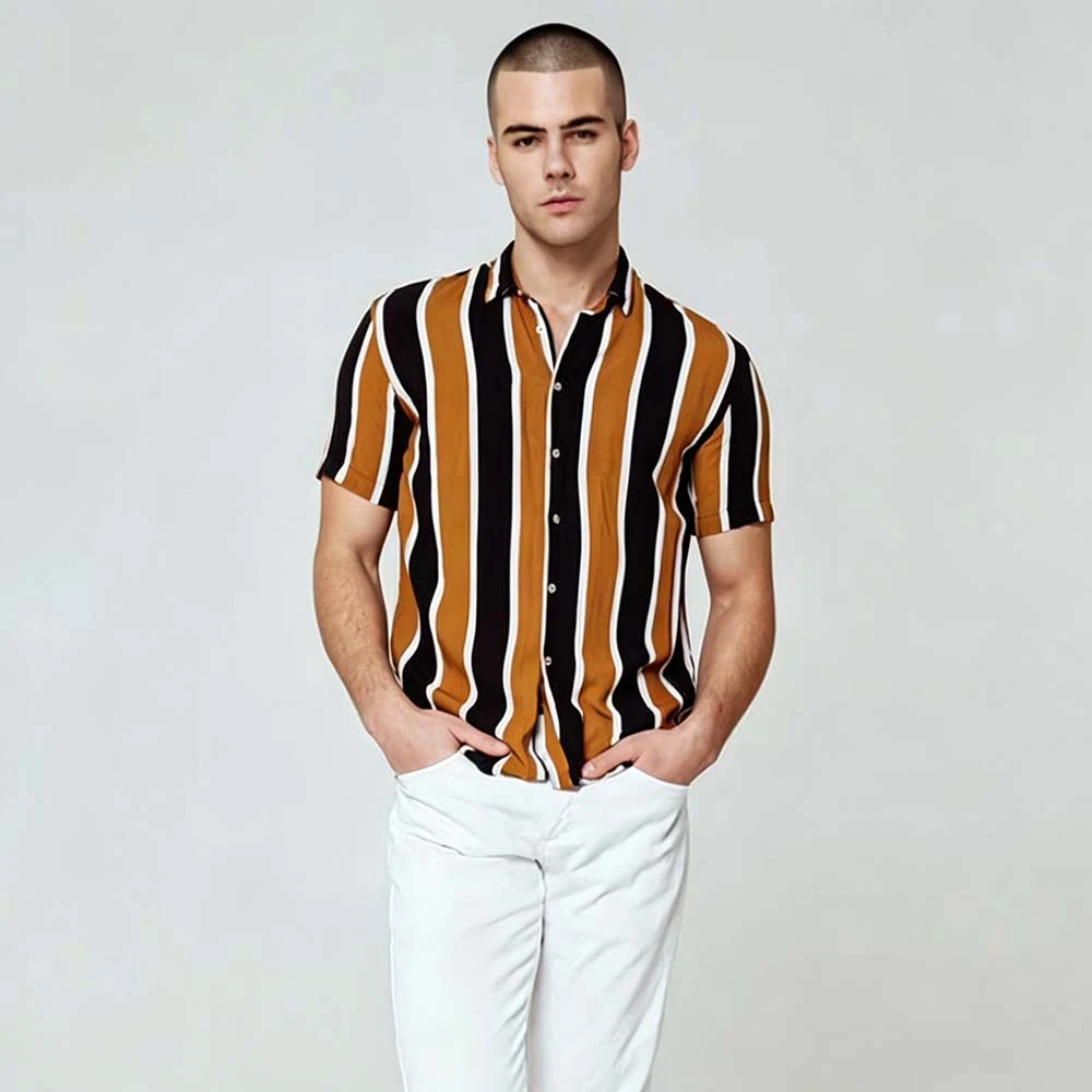 Before AI transformation wearing a patterned shirt